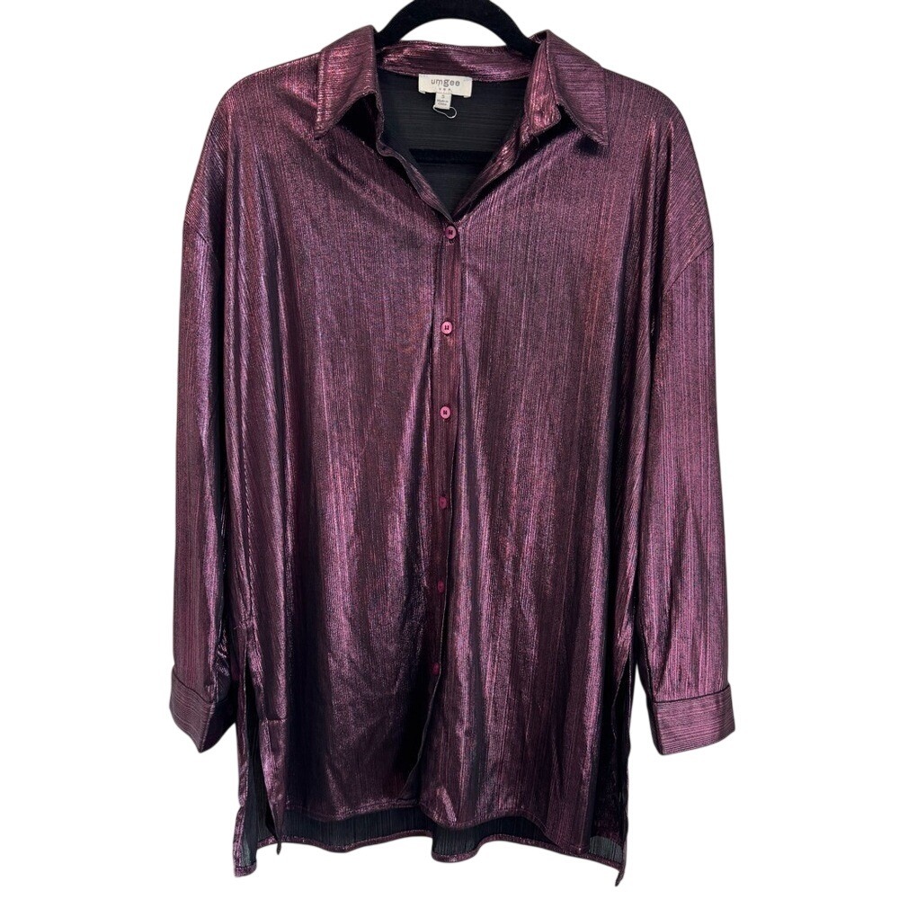 Umgee Metallic Button Down Top Long Sleeve Tunic Shirt Purple‎ Size S